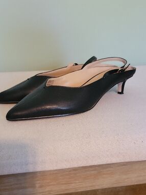 Faux Black Leather Slingback Kitten Heel Pumps